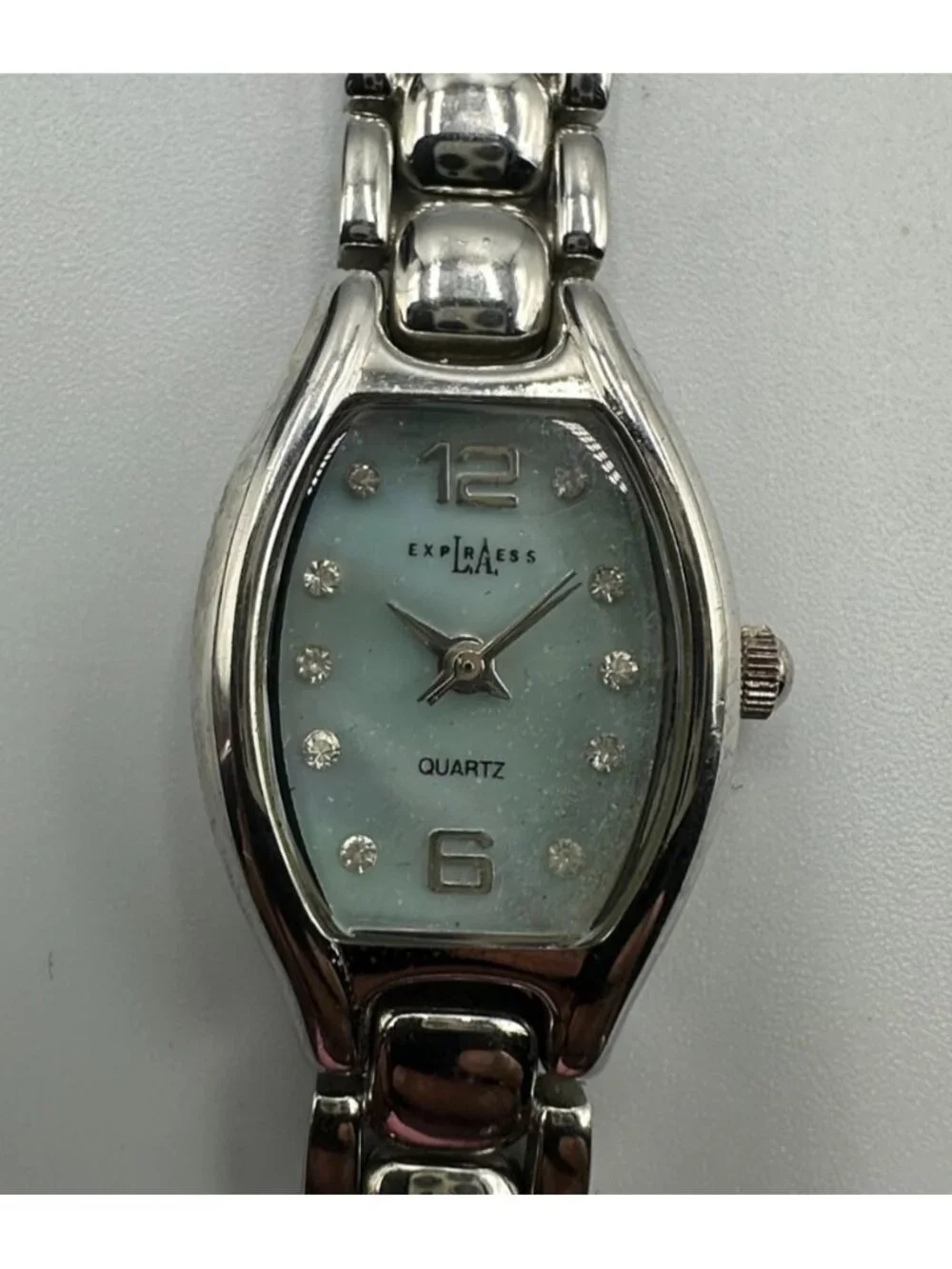3/$30 LA Express Watch Women Silver Tone Blue Mother Of Pearl Dial 6.5